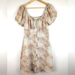 Bailey Blue Dress Green Pink Floral Pattern Puffed Sleeve Off Shoulder Button L